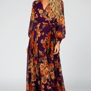 PinkBlush - Purple Rose Floral Chiffon Maternity Maxi Dress